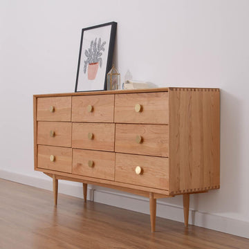 63" Natural Bedroom Dresser with 9 Drawers Wooden Chest of Drawers with Gold Knobs